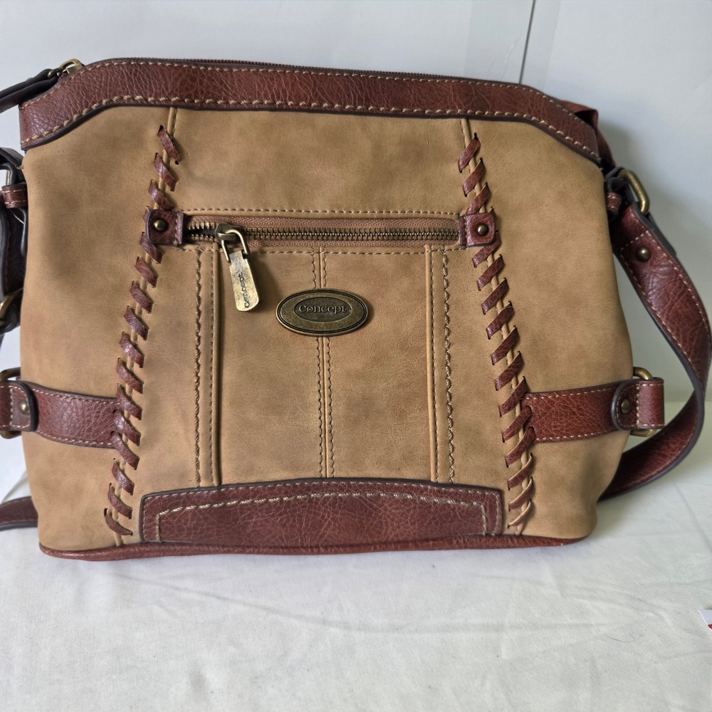 Concept Crossbody Bag Tan Brown Faux Leather Whipstitch Shoulder Purse Zippered